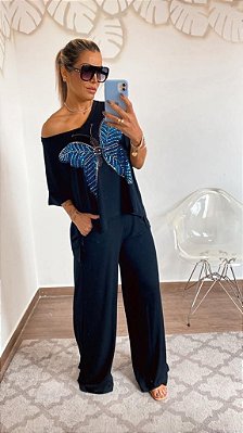 Calça pantalona em malha - Preto