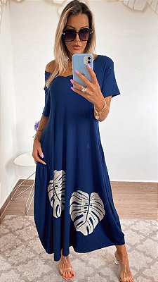 Vestido longo em malha folhagens na cor Azul marinho