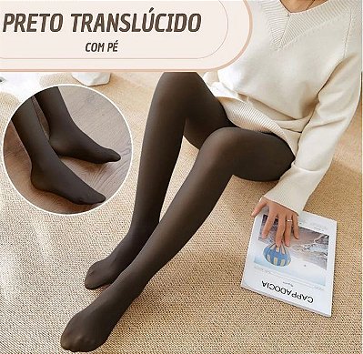 Meia calça translúcida com forro de lã peluciada - preta