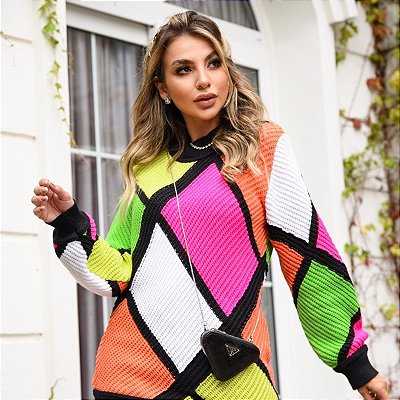 Blusa em tricot Maxi color geométrica