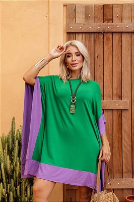 Vestido Geometrico plus em Malha premium - verde e lilás