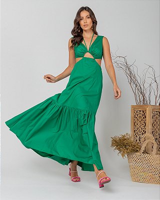 Vestido longo em camadas - detalhes em recortes frontais - verde