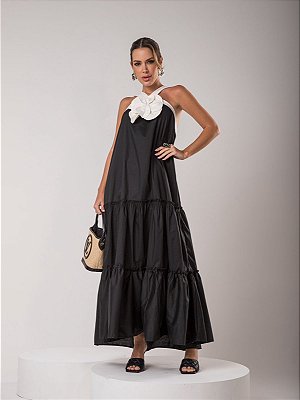 Vestido longo Fabuloso com detalhe de flor 3D - Preto / Off white