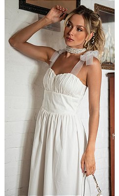 Vestido midi branco Alice - detalhes de cetim e ajustavel na alça