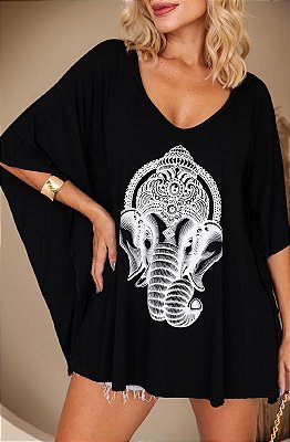 Blusa túnica com estampa elefante com modelagem ampla - tamanho único na cor preta