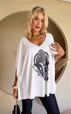 Blusa túnica com estampa elefante com modelagem ampla - tamanho único na cor offwhite