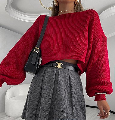 Cropped vermelho queimado modelagem ampla em tricot