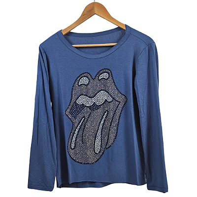 Blusa Stones com pedrarias manga longa em moletinho - azul