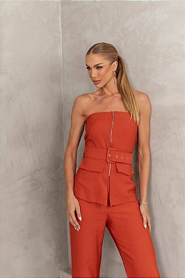 Conjunto calça e cropped tomara que caia - Telha