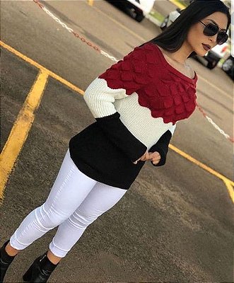 Tricot lindo -  marsala, branco e preto