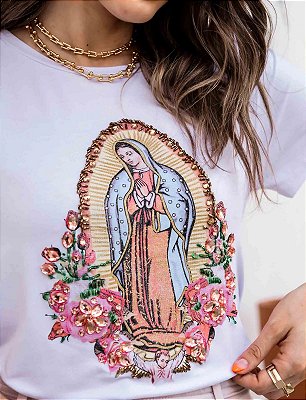 T-shirt Guadalupe Flores Bordada - Branca