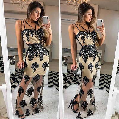 Vestido longo de festa nude e preto maravilhoso