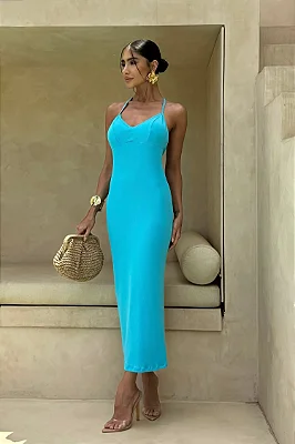 Vestido midi com decote nas costas - Azul