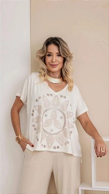 Blusa Feminina com pedrarias Mandala - Offwhite