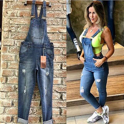 Jardineira jeans comprimento cropped - Lavagem clara