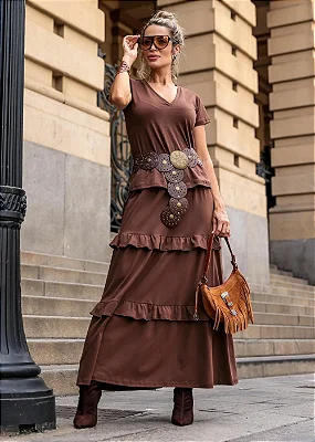 Conjunto Boho de saia e tshirt - Marrom