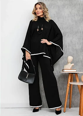 Conjunto de calça e blusa ampla com listrinha branca - Preto