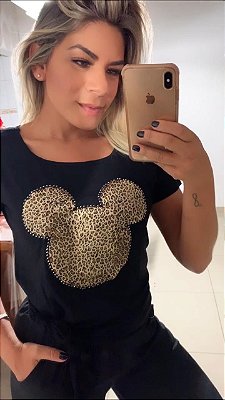 Blusa mickey + animal print - Preta