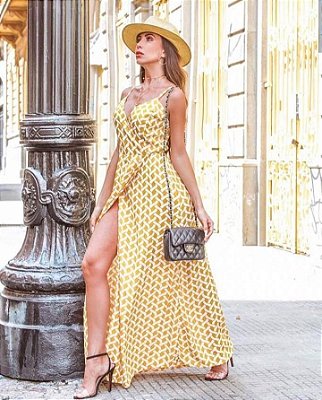 Vestido envelope longo com estampa geométrica - amarelo