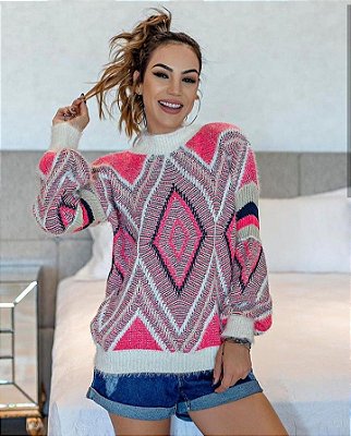 Blusa manga longa de tricot com fio angorá maravilhosa