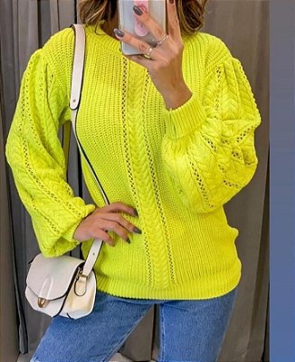 Blusa de tricot com manga Bishop - Amarelo limão neon