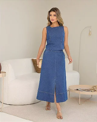 Saia midi jeans com fenda frontal