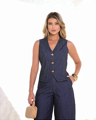 Colete jeans 3 botões