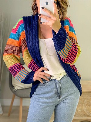 Casaco de tricot color mix - Azul