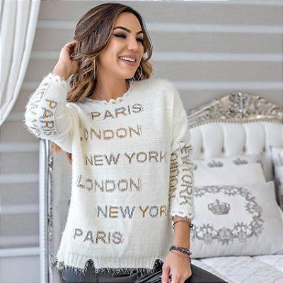 Suéter de tricot mousse com fio pluma - Paris - London - New York