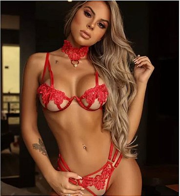 Conjunto de lingerie red bordin com calcinha fio