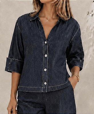 Camisa jeans feminina manga 3/4