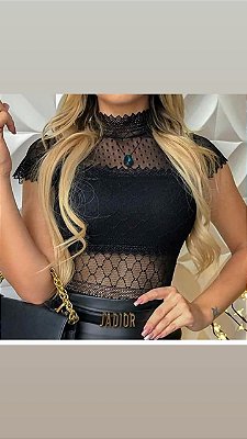 Body de tule de manguinha com top - Preto