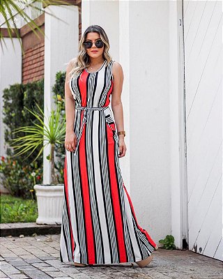 Vestido longo regata com bolso - Listras - laranja e branco