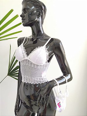 Conjunto de lingerie cropped renda pavão - Branco