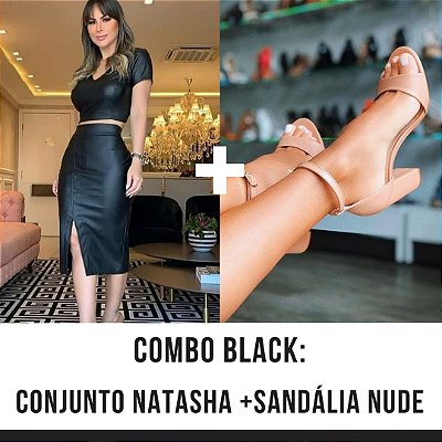 COMBO BLACK - Conjunto em couro eco Natasha + Sandália de salto grosso Nude