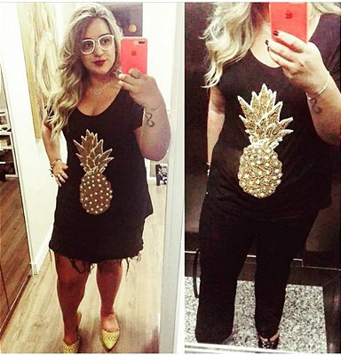 Tshirt plus size bordada a mão - Abacaxi - do tamanho P ao G5 plus size - preta