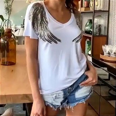 Tshirt plus size bordada a mão - Wings asas longas prata - do tamanho P ao G5 plus size