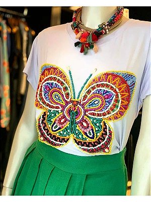 Tshirt plus size bordada a mão - Colorful Butterfly - do tamanho P ao G5