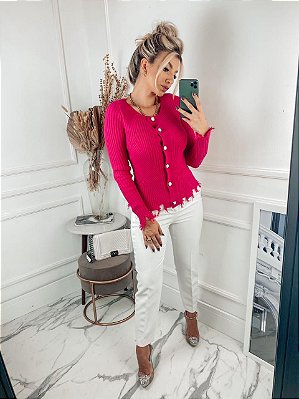 Blusa pink em tricot todo trabalhado e botões maravilhosos