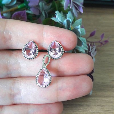 CONJUNTO DE PRATA BALI GOTA ZIRCÔNIA ROSA