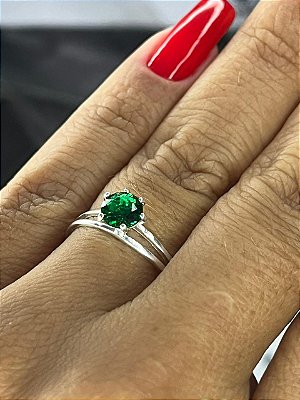 Anel de Prata Solitário Zircônia Verde Esmeralda