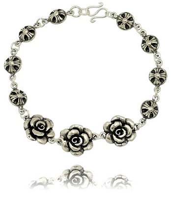 PULSEIRA DE PRATA DE BALI FLORAL COM BOLINHAS