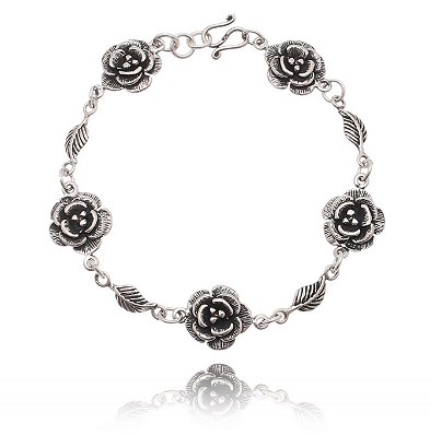 PULSEIRA DE PRATA ROSAS COM PÓLEN E FOLHAS