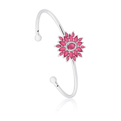 BRACELETE DE PRATA COM RÓDIO FLOR RUBI E ZIRCÔNIAS