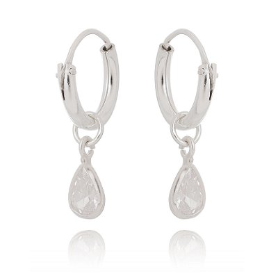 BRINCO ARGOLA  1,6 CM COM GOTA ZIRCONIA CRISTAL EM PRATA