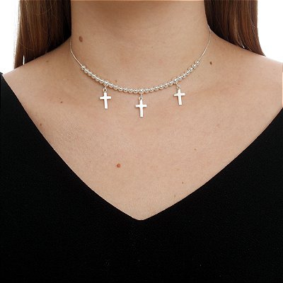 CHOKER DE PRATA CRUZ E BOLINHAS