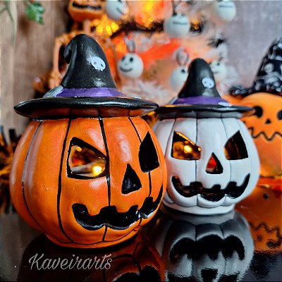 Abóbora Porta Velas com Chapéu de Caveira Halloween