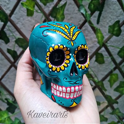 Caveira Mexicana Verde com detalhes Amarelo (Pequena)