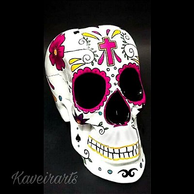 Caveira Mexicana Branca com Cruz Rosa - Grande