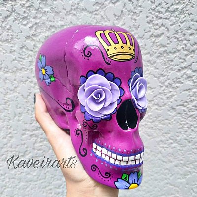 Caveira Mexicana Magenta com Coroa - Grande